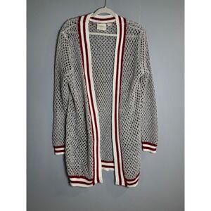 Maeve Anthropologie Open Knit Cardigan‎ Sweater Long Sleeve Maroon White Stripe
